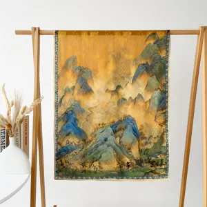 Traditional Chinese landscape silk scarf elegant women long shawl satin art print gift accessory