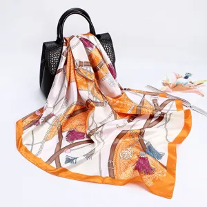 Luxurious 90cm satin silk scarf for women with elegant chain and belt print large shawl.