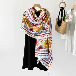 Ethnic geometric print sun protection shawl, lightweight breathable scarf for women summer travel.