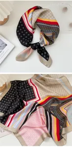 Silk square scarf with colorful geometric print, elegant women accessory for professional wear