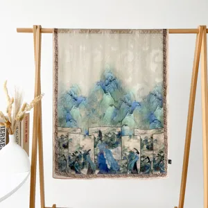 Spring summer long silk scarf Chinese landscape print large shawl elegant women fashion wrap