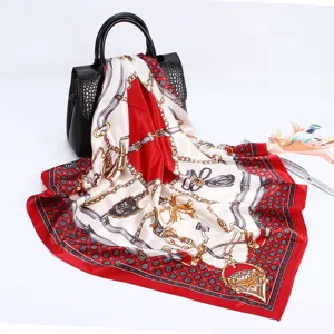 90cm satin silk scarf with chain and belt print, elegant women square shawl headscarf detail.