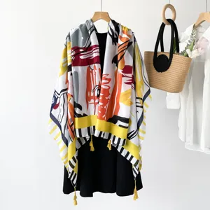 Women abstract print sunscreen shawl scarf, lightweight imitation linen scarf for daily wear.