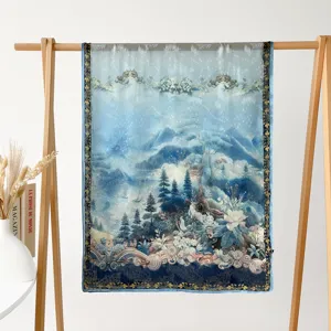 Elegant spring summer long silk scarf shawl with blue landscape floral print and hollow design.