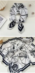 Silk square scarf for women, black and white carriage print, elegant neckerchief for spring and autumn.