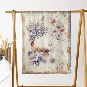 Elegant floral deer print long silk scarf for women, lightweight summer sun protection shawl.