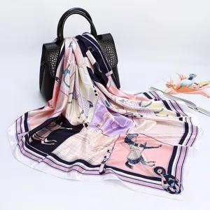90cm silk feel square scarf elegant horse chain print satin headscarf large shawl scarf