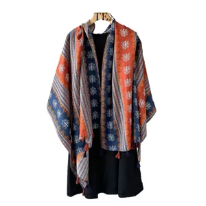 Ethnic style women shawl scarf, paisley print with fringe, ideal for travel and daily wear.