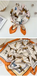 Equestrian print silk scarf detail, elegant 70cm square neckerchief for stylish women.