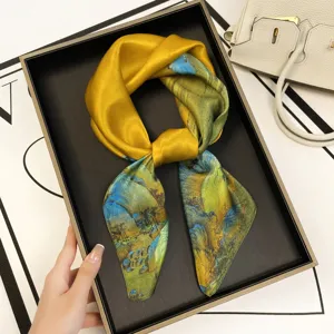 Luxury silk scarf with artistic landscape print, elegant yellow square wrap for women.