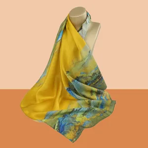 Detailed view of the luxury mulberry silk scarf featuring exquisite thousand rivers landscape print.