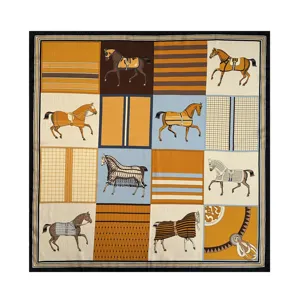 Luxury silk square scarf featuring elegant equestrian patchwork design and premium mulberry silk fabric.