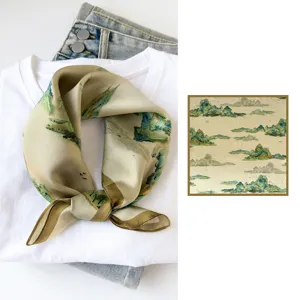 Chinese style landscape print silk small square scarf, elegant flat lay detail view.