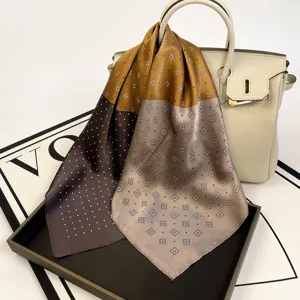 Luxury silk square scarf for women, elegant gradient brown geometric printed satin neckerchief.