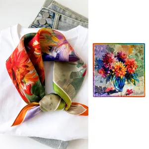Spring summer silk small square scarf with artistic oil painting floral print, elegant accessory.