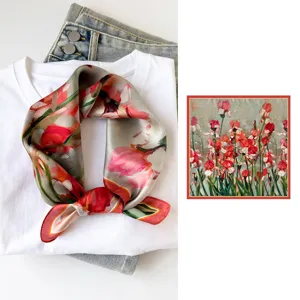Chic silk floral square scarf for women featuring artistic oil painting prints view.