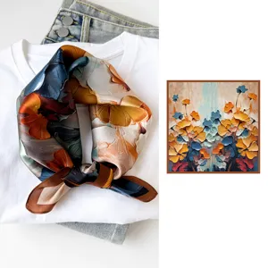 Silk small square scarf detail showing oil painting floral print, orange and blue tones.