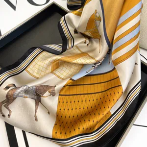 Luxury silk scarf for women with elegant equestrian and geometric horse print design.