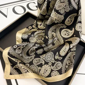 Luxury black and gold paisley silk square scarf for women, elegant satin silk neckerchief.