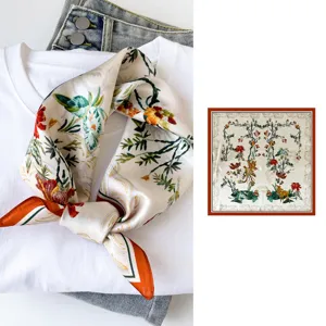 Chic silk square scarf with elegant vintage floral print, perfect for stylish women.