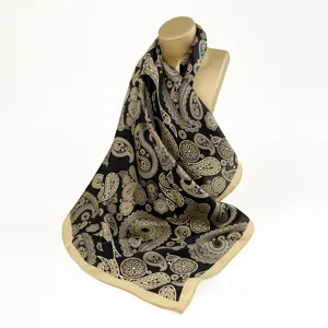 Black gold paisley silk square scarf detail, elegant luxury mulberry silk women fashion accessory.