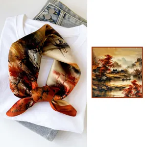 Silk square scarf featuring a traditional Chinese autumn landscape print, elegant and versatile.
