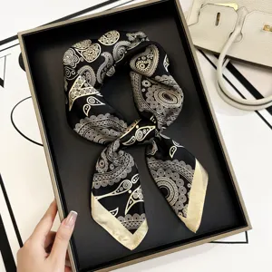 Luxury black and gold paisley silk square scarf for women, elegant fashion printed neckerchief.