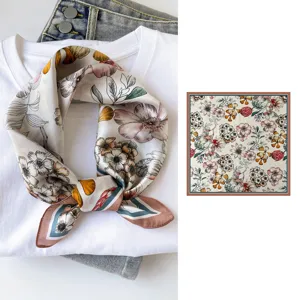 Spring summer silk small square scarf women vintage floral printed mulberry silk neckerchief