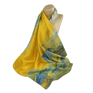 Luxury mulberry silk square scarf featuring classic art print. Elegant women scarf.