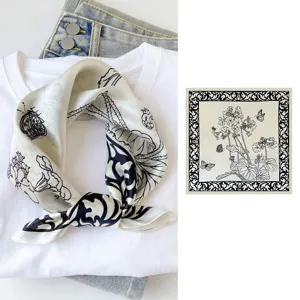 Silk square scarf for women, elegant black and white floral butterfly print silk neckerchief.