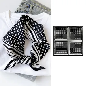 Black and white polka dot silk square scarf, classic geometric stripe print fashion accessory.
