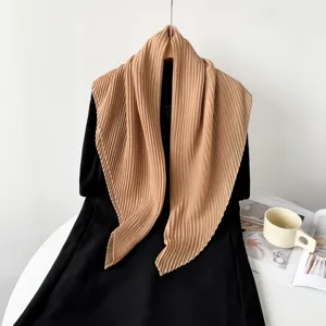 Solid color pleated square scarf for women, elegant lightweight daily neck wrap and headscarf.