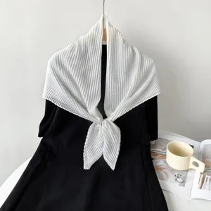 White pleated square scarf for women, elegant chiffon texture neck wrap for daily wear details.