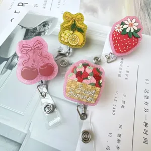 Enrouleur de Badge Rétractable Paillettes Acrylique Motif Fraise Cerise Citron Clip Porte-Carte d'Identité pour Bureau et École