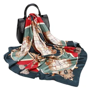 Elegant 90cm women's silk satin square scarf featuring a luxury chain and tassel print design.