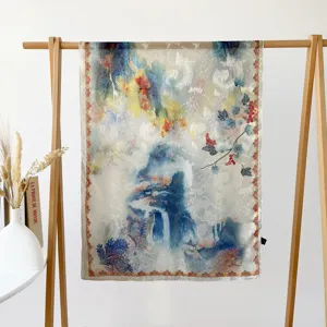 Spring new women long silk scarf artistic landscape print hollow out shawl sunscreen veil scarf