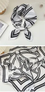 Classic black and white chain print silk square scarf for women, elegant fashion accessory.