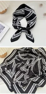 Elegant black and white chain print square silk scarf for women, perfect for spring and autumn.