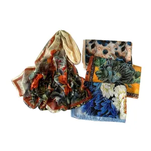 Women floral printed long silk scarf summer sun protection large shawl fashion beach wrap