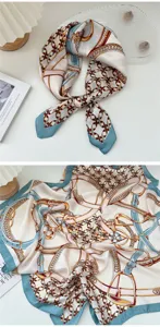 French vintage style square silk scarf with elegant chain and belt print for women.