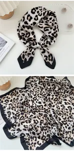 Chic leopard print square silk scarf for women, elegant fashion neckerchief for daily wear.