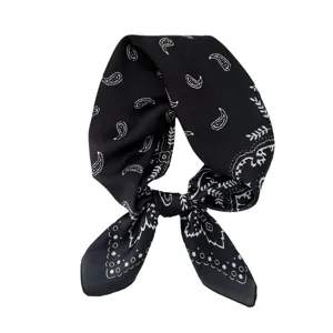 Black paisley silk scarf for women, elegant 70cm square neckerchief for spring and autumn.