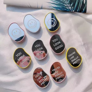 Soporte de Espejo de Maquillaje Ovalado Irregolare para Teléfono Soporte Adhesivo con Estampado de Letras y Cara Sonriente