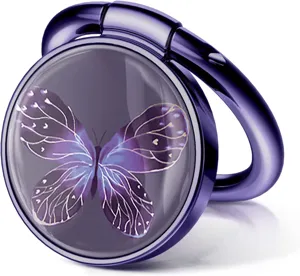 Detailed macro view of a purple metallic phone ring holder with a butterfly epoxy design.