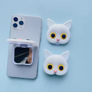 Cute white cat collapsible phone grip with vanity mirror and desktop stand function