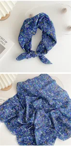 Blue floral square scarf for women, vintage cotton linen small neckerchief headband.