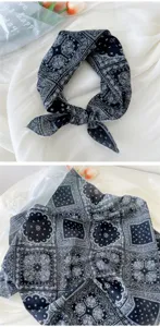 Black and white paisley square scarf detail, versatile cotton linen bandana for women daily wear.