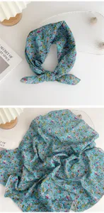 Floral cotton linen small square scarf, vintage headband and neckerchief for women spring.