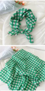 Green white gingham floral square scarf cotton linen soft neckerchief detailed display view