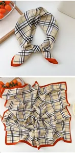Classic plaid cotton linen square scarf detailed view, elegant neckerchief and hair accessory.